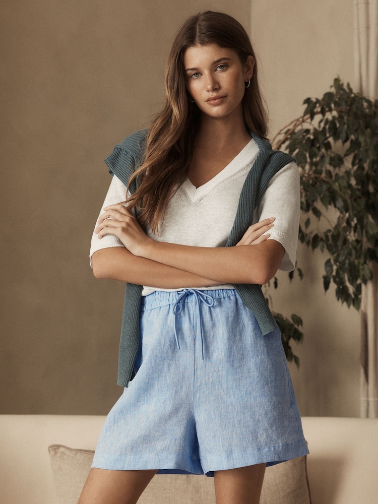 Blue 100% Linen Boy Shorts - Image 1 of 7