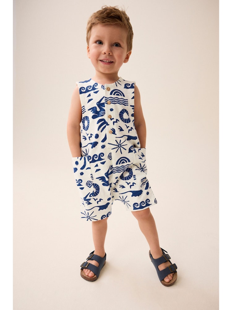 Cobalt Blue/Ecru All-Over Print 100% Cotton All-In-One (3mths-7yrs) - Image 2 of 7