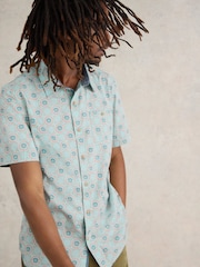 White Stuff Blue Daisy Tile Printed Short Sleeve Shirt - Image 1 of 7