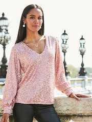 Sosandar Gold Sequin V-Neck Blouson Sleeve Top - Image 1 of 5