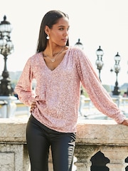 Sosandar Gold Sequin V-Neck Blouson Sleeve Top - Image 3 of 5