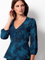 Sosandar Blue Animal Print Fit and Flare Top - Image 4 of 4