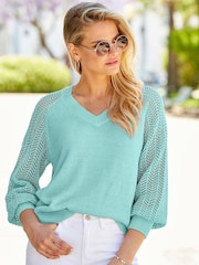 Sosandar Green Pointelle Sleeve V-Neck Jumper - Image 1 of 4