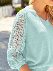 Sosandar Green Pointelle Sleeve V-Neck Jumper - Image 4 of 4