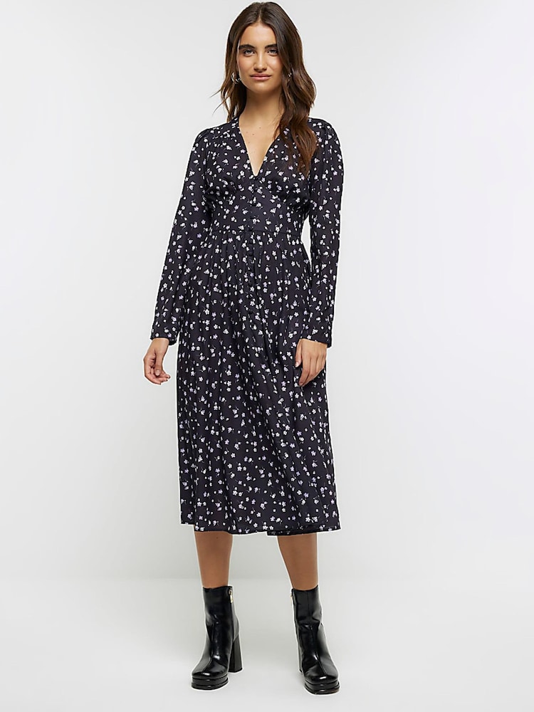 River Island Black Button Tea Floral Midi Dress - Image 1 of 6
