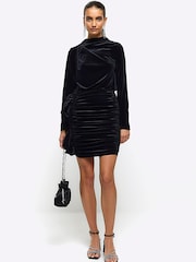 River Island Black Velvet Ruched Jersey Mini Dress - Image 1 of 6