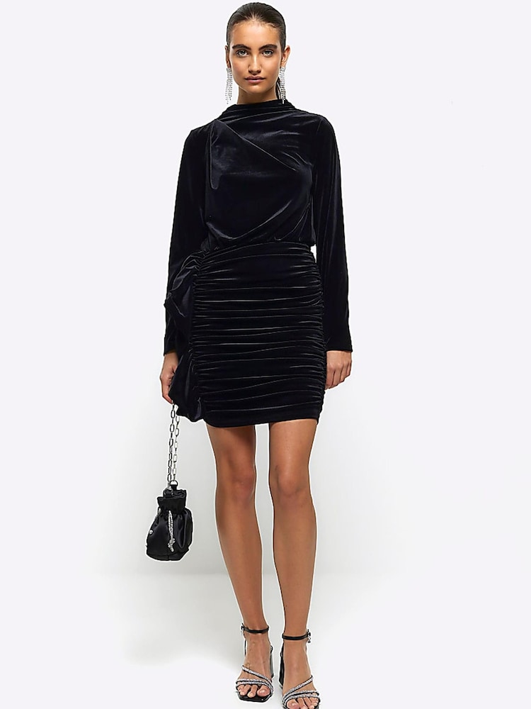 River Island Black Velvet Ruched Jersey Mini Dress - Image 1 of 6