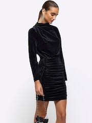 River Island Black Velvet Ruched Jersey Mini Dress - Image 3 of 6