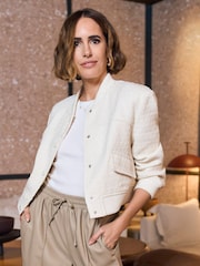 River Island Cream Boucle Tailored Bomber Jacket - Image 1 of 6