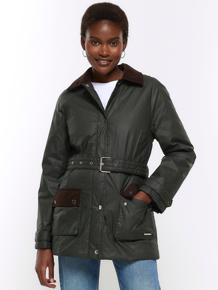 River Island Green Heritage Waxed Cotton Coat - Image 1 of 4 River Island Green Heritage Waxed Cotton Coat - Image 1 of 4