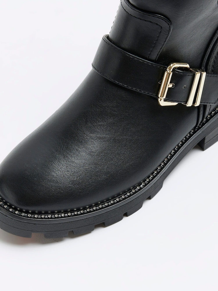 River Island Black Buckle Biker Boots - Image 1 of 6 River Island Black Buckle Biker Boots - Image 1 of 6