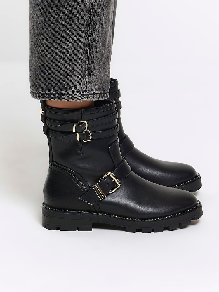 River Island Black Buckle Biker Boots - Image 2 of 6 River Island Black Buckle Biker Boots - Image 2 of 6