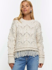 River Island Cream Pearl Cable Fringe Jumper - Image 1 of 4