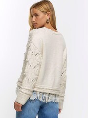 River Island Cream Pearl Cable Fringe Jumper - Image 2 of 4
