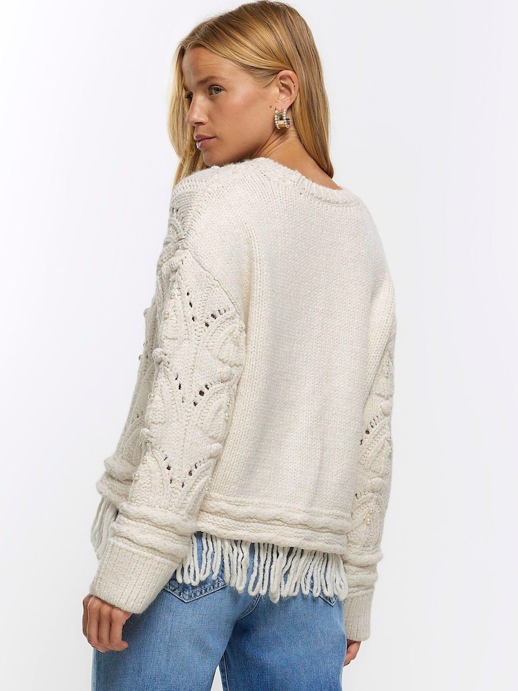 River Island Cream Pearl Cable Fringe Jumper - Image 2 of 4