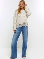 River Island Cream Pearl Cable Fringe Jumper - Image 3 of 4