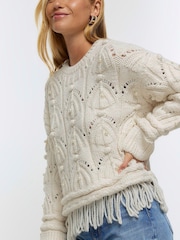 River Island Cream Pearl Cable Fringe Jumper - Image 4 of 4