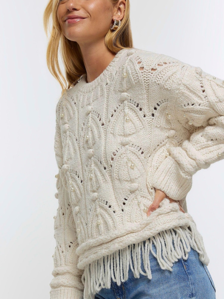River Island Cream Pearl Cable Fringe Jumper - Image 4 of 4
