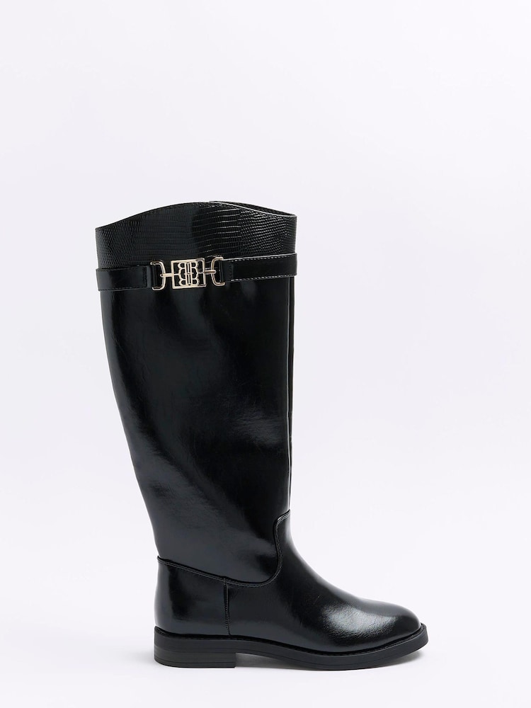 River Island Black Knee High Branded Boots - Image 1 of 5