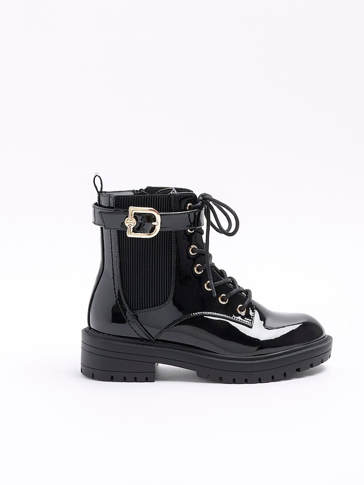 River Island Black Wide Fit Lace Up Buckle Boots - Image 1 of 4