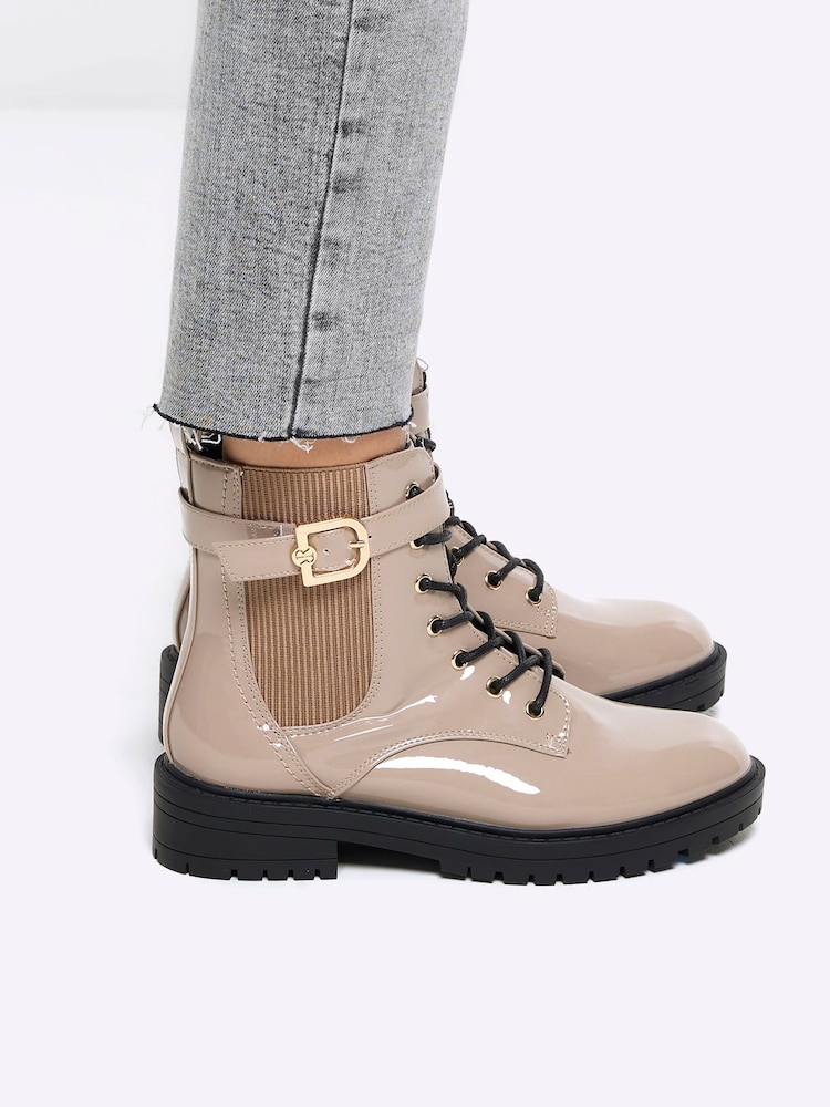 River Island Brown Wide Fit Lace Up Buckle Boots - Image 1 of 6