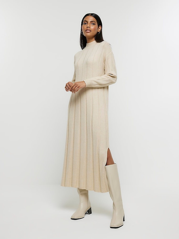 River Island Beige High Neck Knitted Maxi Dress - Image 1 of 6
