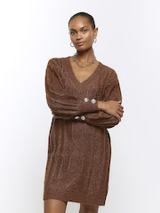 River Island Brown Cable Mini Jumper Dress - Image 1 of 5