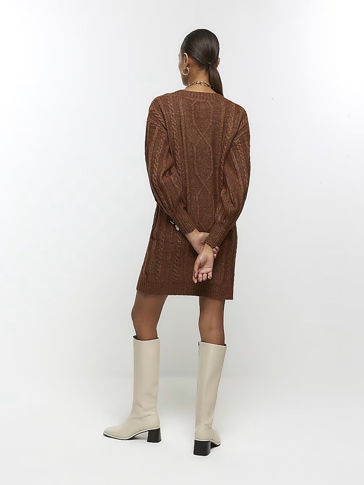 River Island Brown Cable Mini Jumper Dress - Image 2 of 5 River Island Brown Cable Mini Jumper Dress - Image 2 of 5