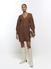 River Island Brown Cable Mini Jumper Dress - Image 3 of 5