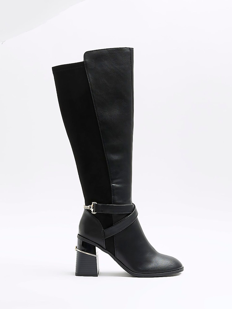 River Island Black Stretch Blocked Heeled Boots - Image 1 of 6