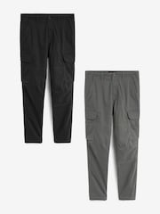 Black/Charcoal Grey Slim Fit Cotton Rich Stretch Cargo Trousers 2 Pack - Image 1 of 17
