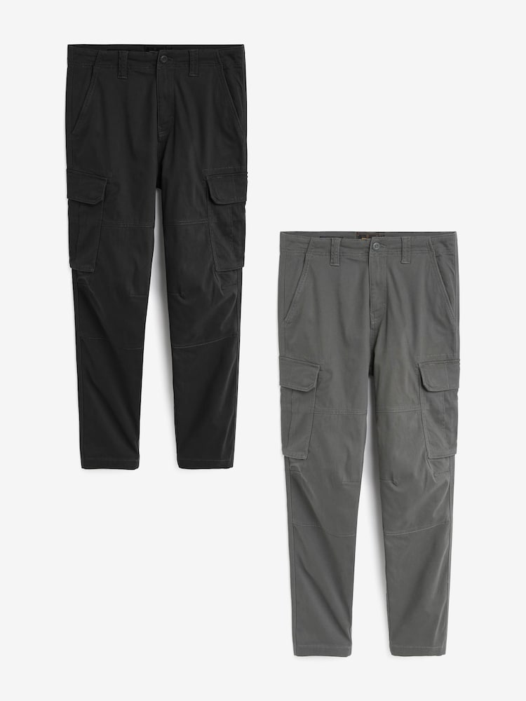 Black/Charcoal Grey Slim Fit Cotton Rich Stretch Cargo Trousers 2 Pack - Image 1 of 17