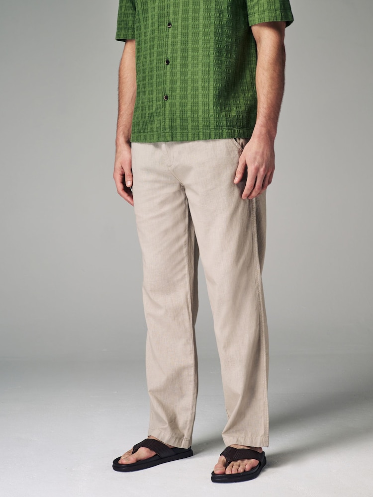 Natural Ecru Relaxed Fit Linen Cotton Elasticated Drawstring Trousers - Image 1 of 5