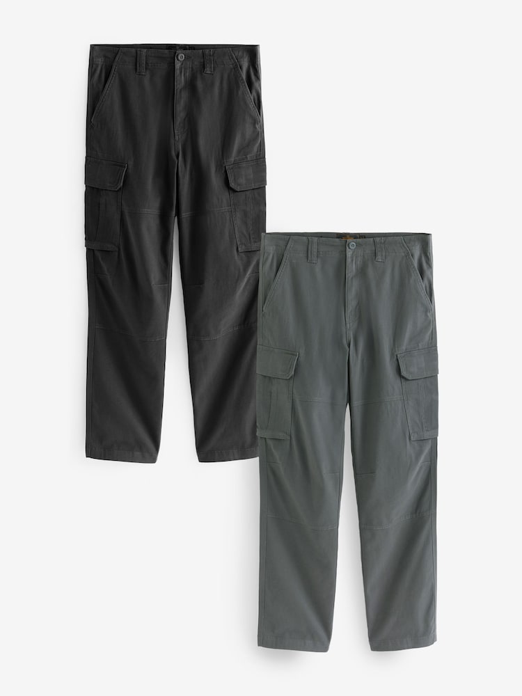 Black/Charcoal Grey Straight Fit Cotton Rich Stretch Cargo Trousers 2 Pack - Image 1 of 13