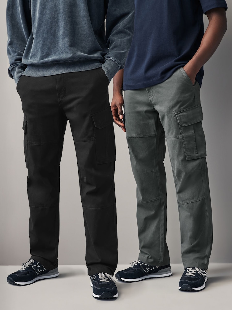 Black/Charcoal Grey Straight Fit Cotton Rich Stretch Cargo Trousers 2 Pack - Image 2 of 13