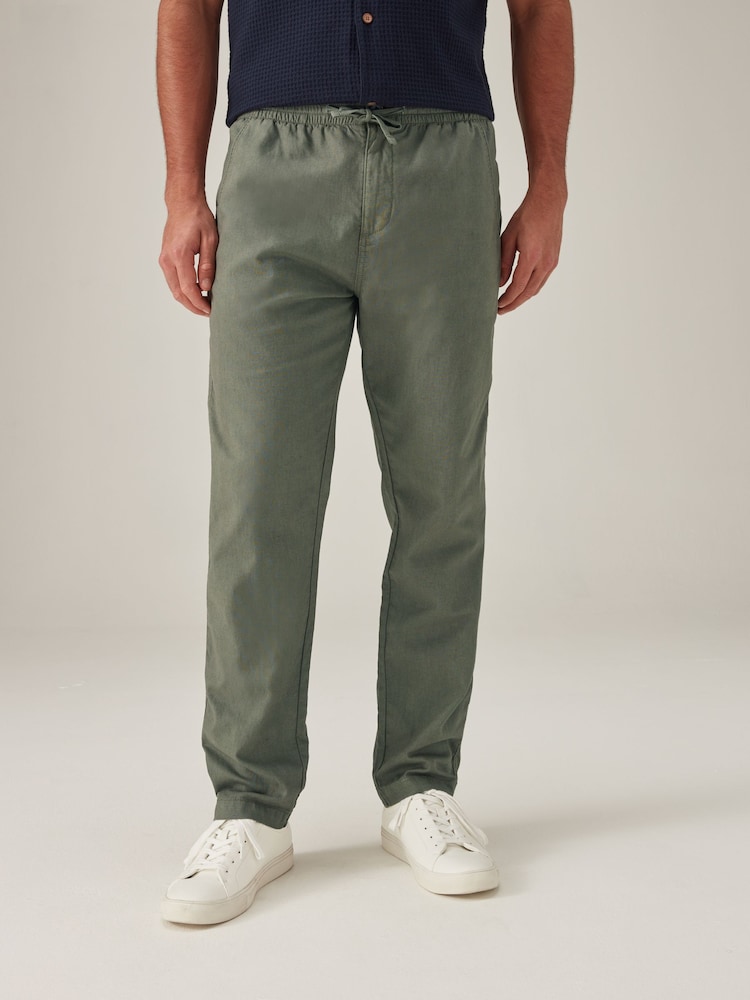 Khaki Green Linen Cotton Elasticated Drawstring Trousers - Image 1 of 9 Khaki Green Linen Cotton Elasticated Drawstring Trousers - Image 1 of 9