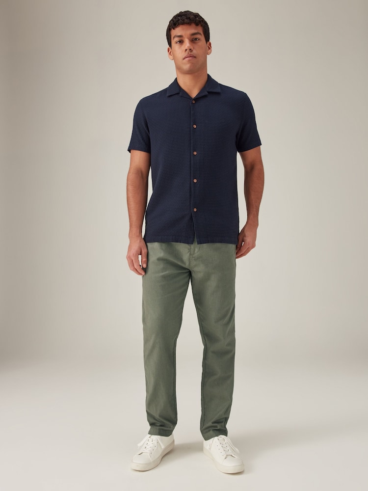 Khaki Green Linen Cotton Elasticated Drawstring Trousers - Image 2 of 9 Khaki Green Linen Cotton Elasticated Drawstring Trousers - Image 2 of 9
