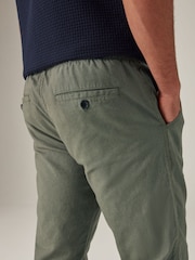 Khaki Green Linen Cotton Elasticated Drawstring Trousers - Image 6 of 9
