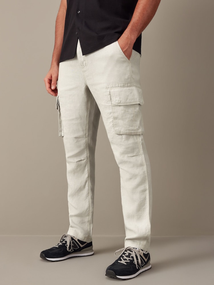 Light Grey 100% Linen Cargo Trousers - Image 1 of 13