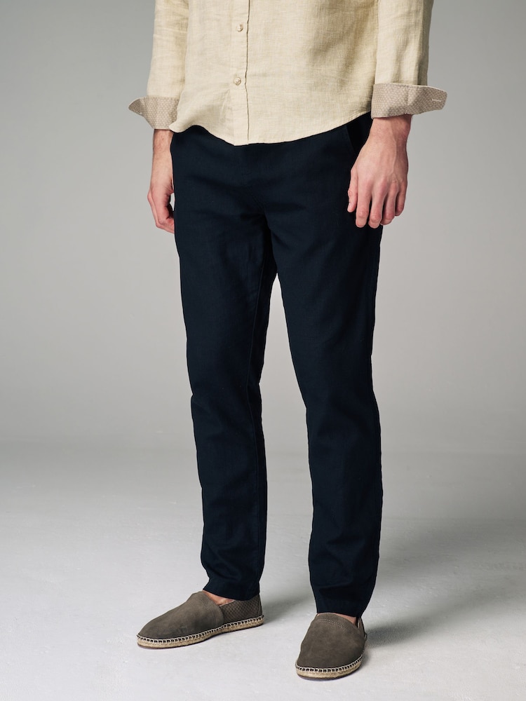 Black Slim Fit Linen Cotton Elasticated Drawstring Trousers - Image 1 of 8