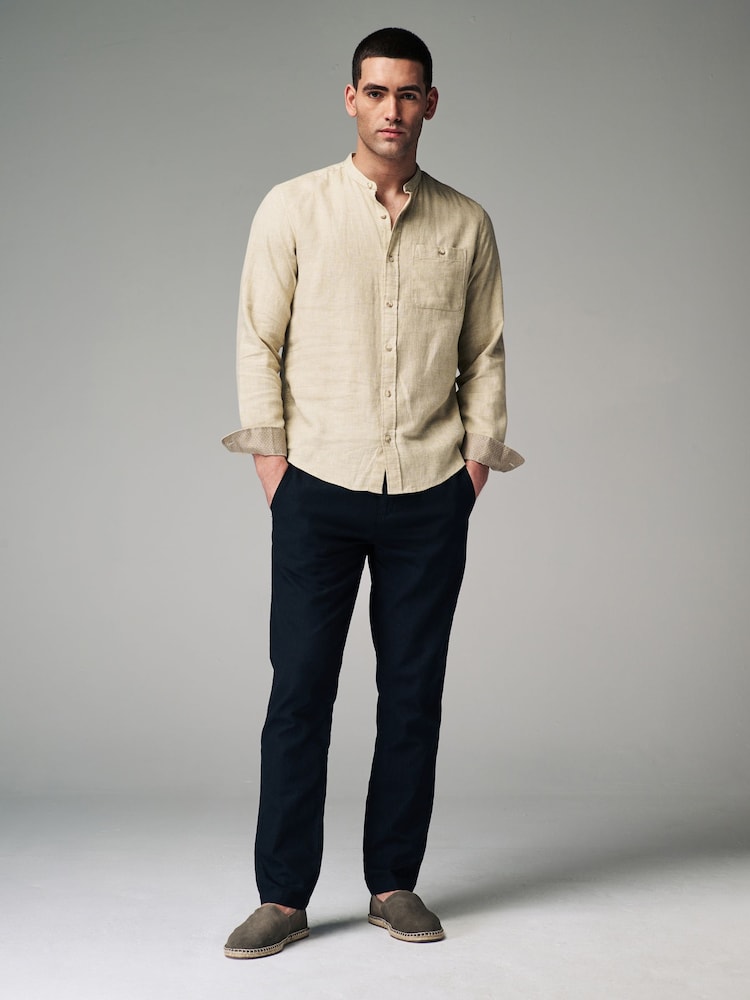 Black Slim Fit Linen Cotton Elasticated Drawstring Trousers - Image 2 of 8