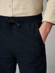 Black Slim Fit Linen Cotton Elasticated Drawstring Trousers - Image 5 of 8