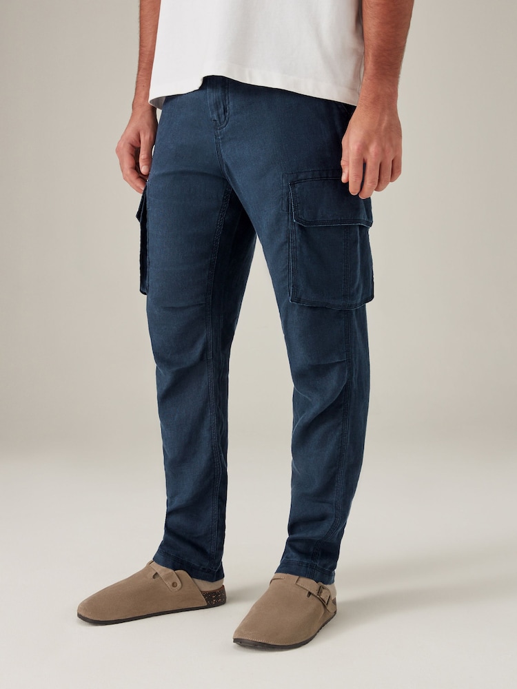Navy Blue 100% Linen Cargo Trousers - Image 1 of 12