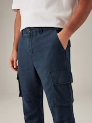 Navy Blue 100% Linen Cargo Trousers - Image 6 of 12