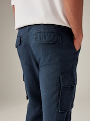 Navy Blue 100% Linen Cargo Trousers - Image 7 of 12