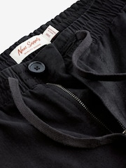 Black Relaxed Fit Linen Cotton Elasticated Drawstring Trousers - Image 10 of 10