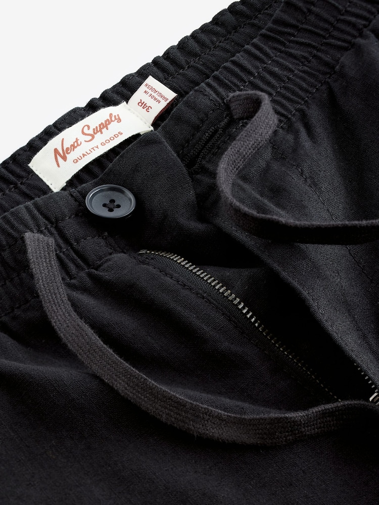Black Relaxed Fit Linen Cotton Elasticated Drawstring Trousers - Image 10 of 10