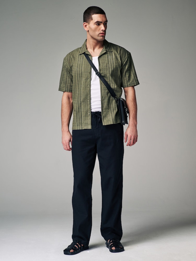 Black Relaxed Fit Linen Cotton Elasticated Drawstring Trousers - Image 2 of 10