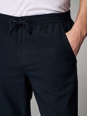Black Relaxed Fit Linen Cotton Elasticated Drawstring Trousers - Image 5 of 10