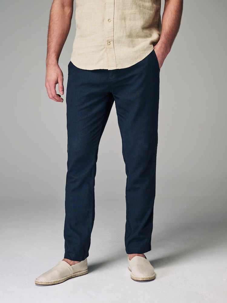 Charcoal Grey Slim Fit Linen Cotton Elasticated Drawstring Trousers - Image 1 of 9